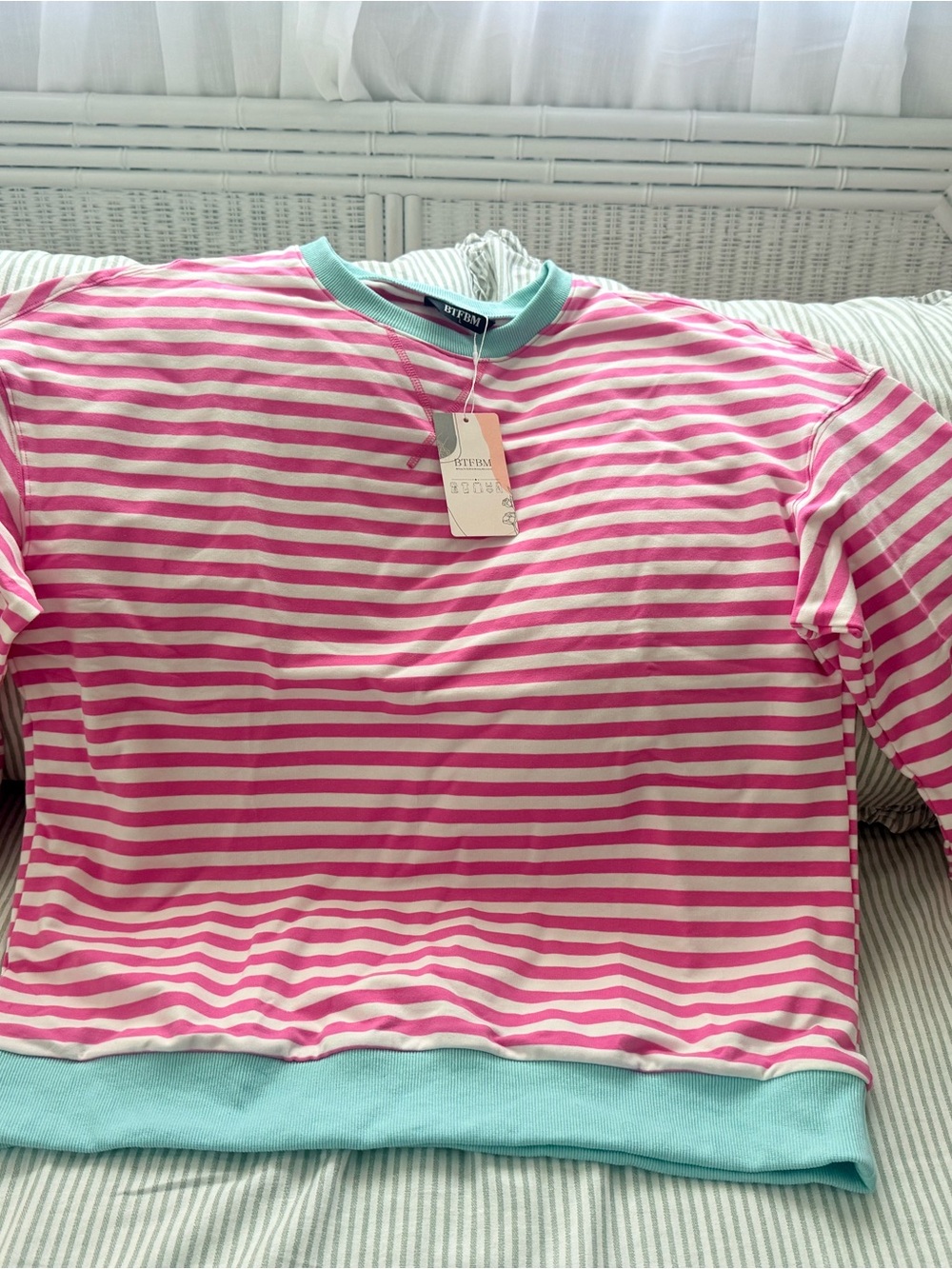 BTFBM Oversized sweatshirt for women in pink and white stripe with mint trim